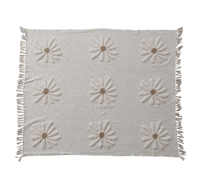 Cotton Slub Throw with Tufted Flowers & Fringe - La Vie Est Belle