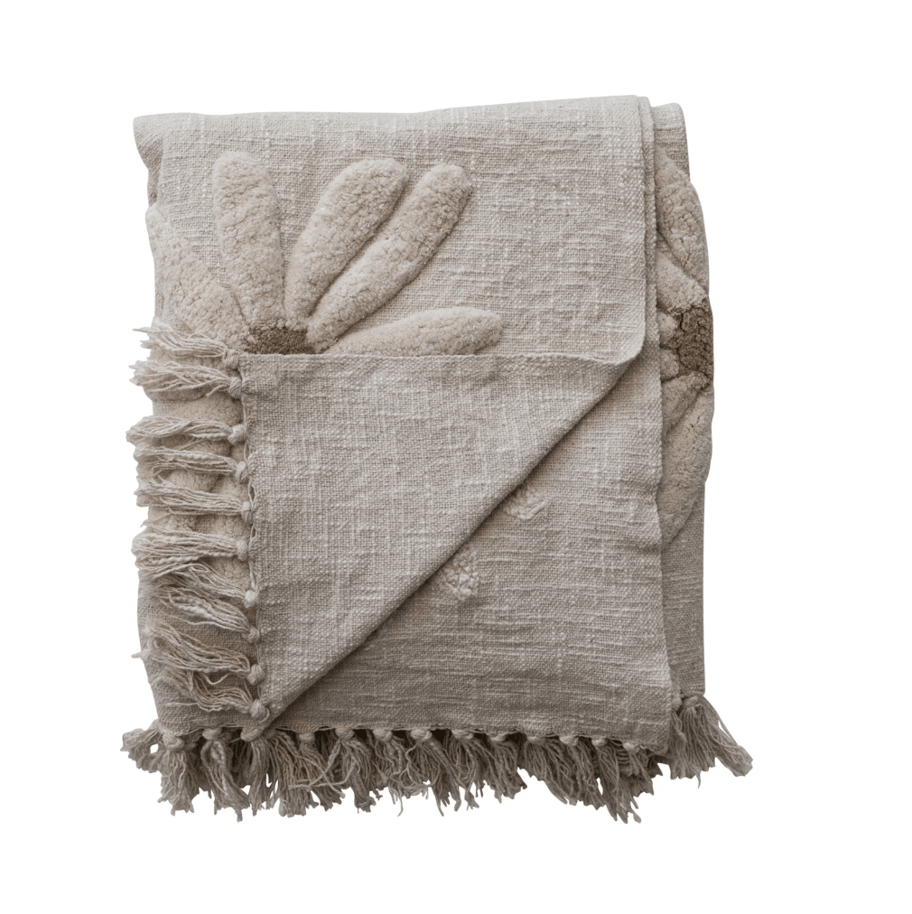 Cotton Slub Throw with Tufted Flowers & Fringe - La Vie Est Belle