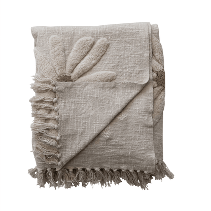 Cotton Slub Throw with Tufted Flowers & Fringe - La Vie Est Belle