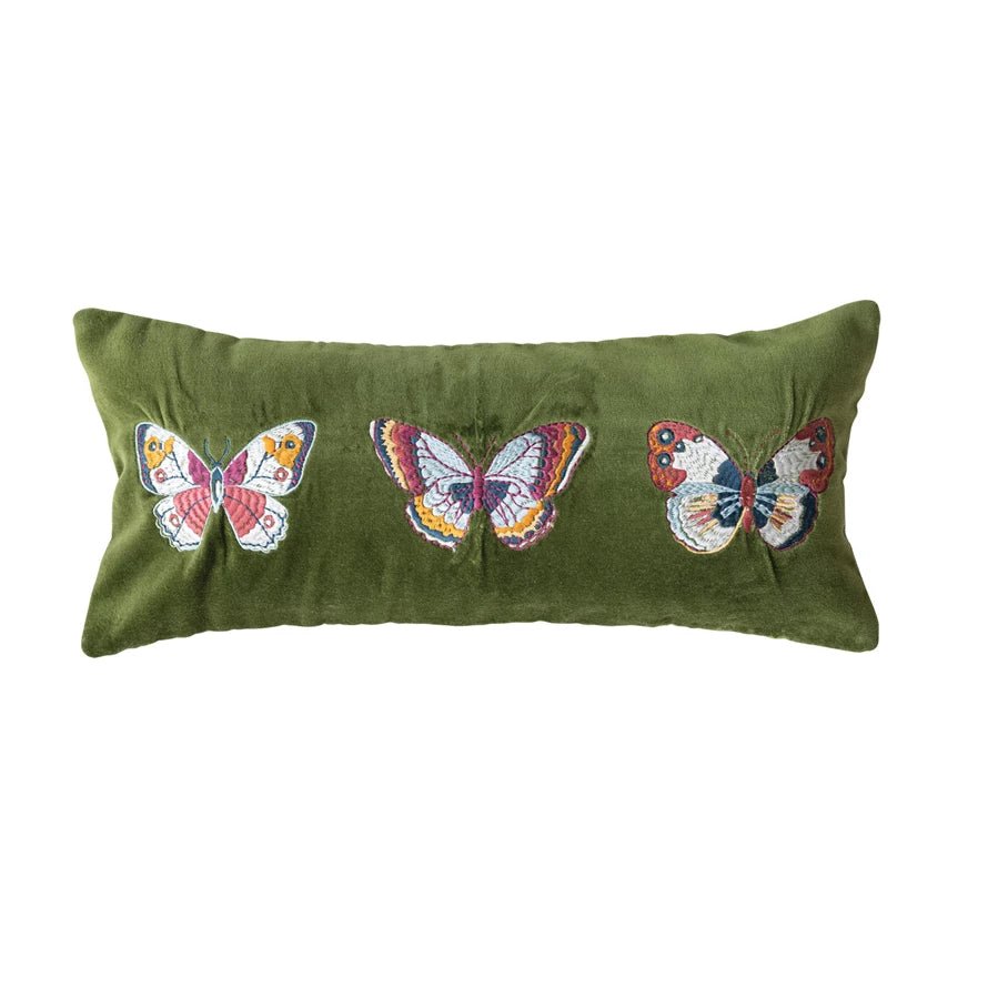 Cotton Velvet Lumbar Pillow with Embroidered Butterflies & Chambray Back - La Vie Est Belle