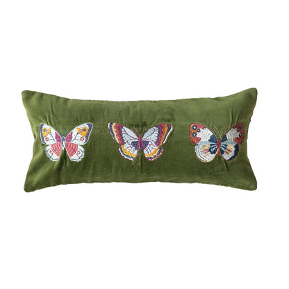 Cotton Velvet Lumbar Pillow with Embroidered Butterflies & Chambray Back - La Vie Est Belle