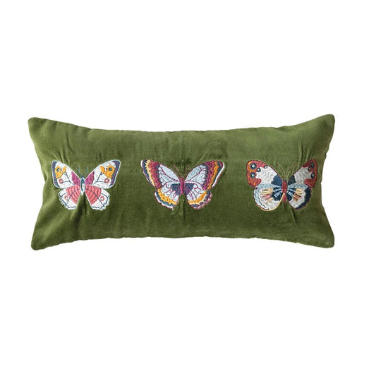Cotton Velvet Lumbar Pillow with Embroidered Butterflies & Chambray Back - La Vie Est Belle