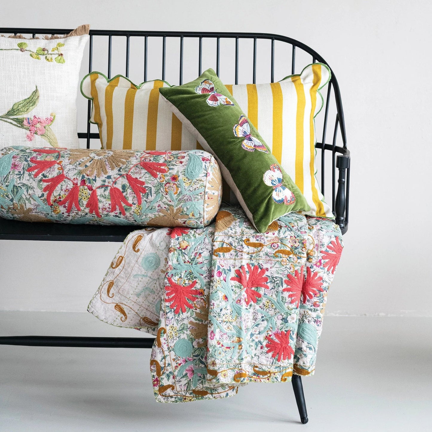 Cotton Velvet Lumbar Pillow with Embroidered Butterflies & Chambray Back - La Vie Est Belle