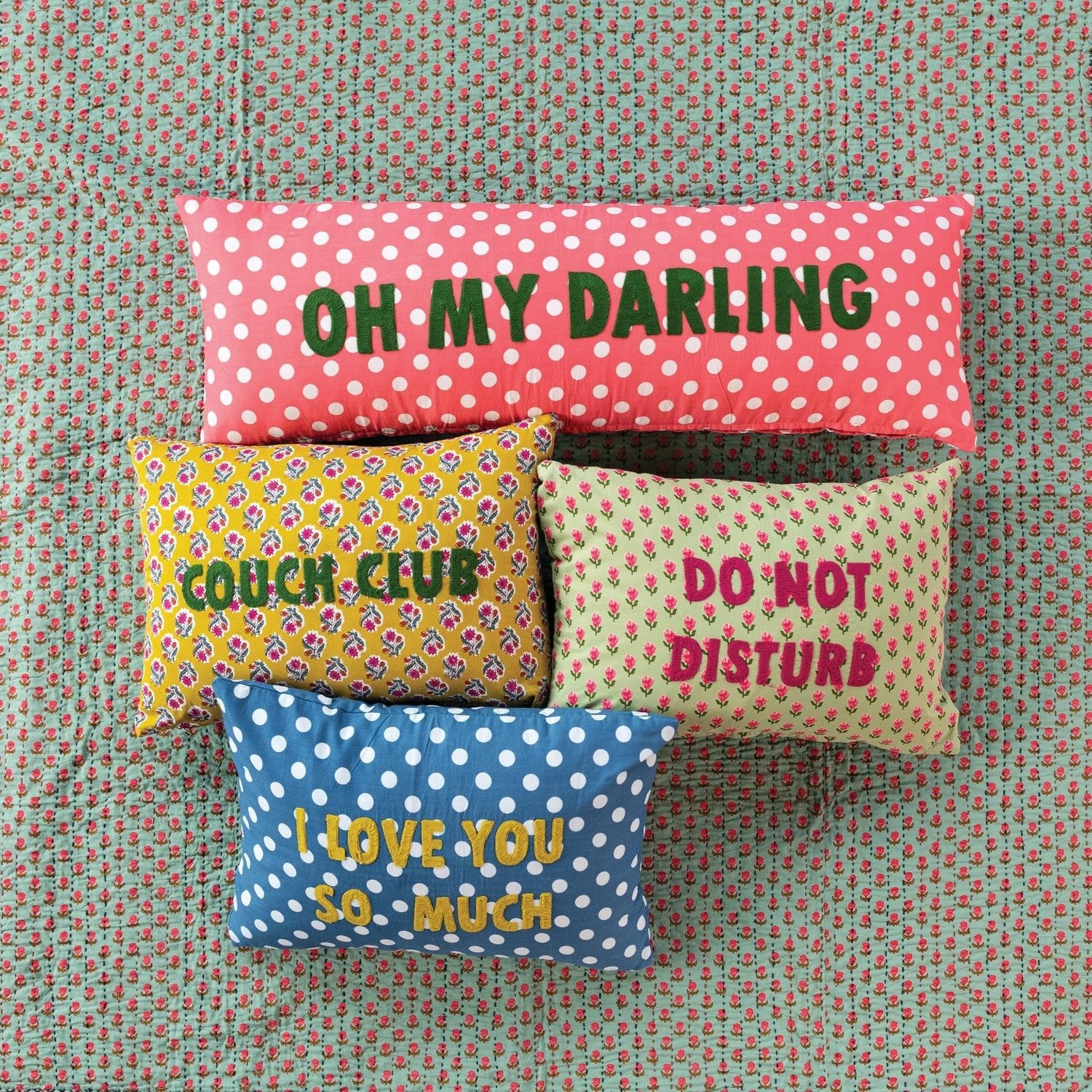 Cotton Voile Lumbar Pillow with Polka Dots & Embroidery "Oh My Darling", Pink - La Vie Est Belle