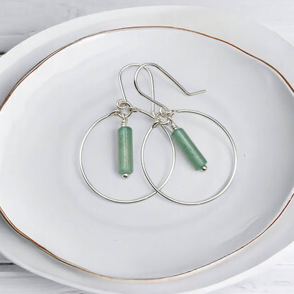 Sterling Silver Hoop Earrings with Green Aventurine Handmade