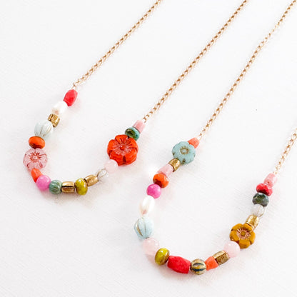 Dainty Pearl Flower and Recycled Bead Necklace - La Vie Est Belle