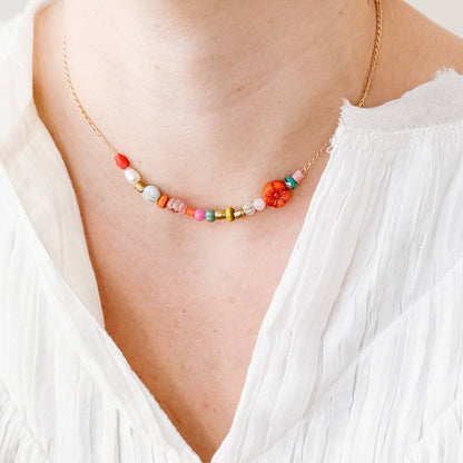 Dainty Pearl Flower and Recycled Bead Necklace - La Vie Est Belle