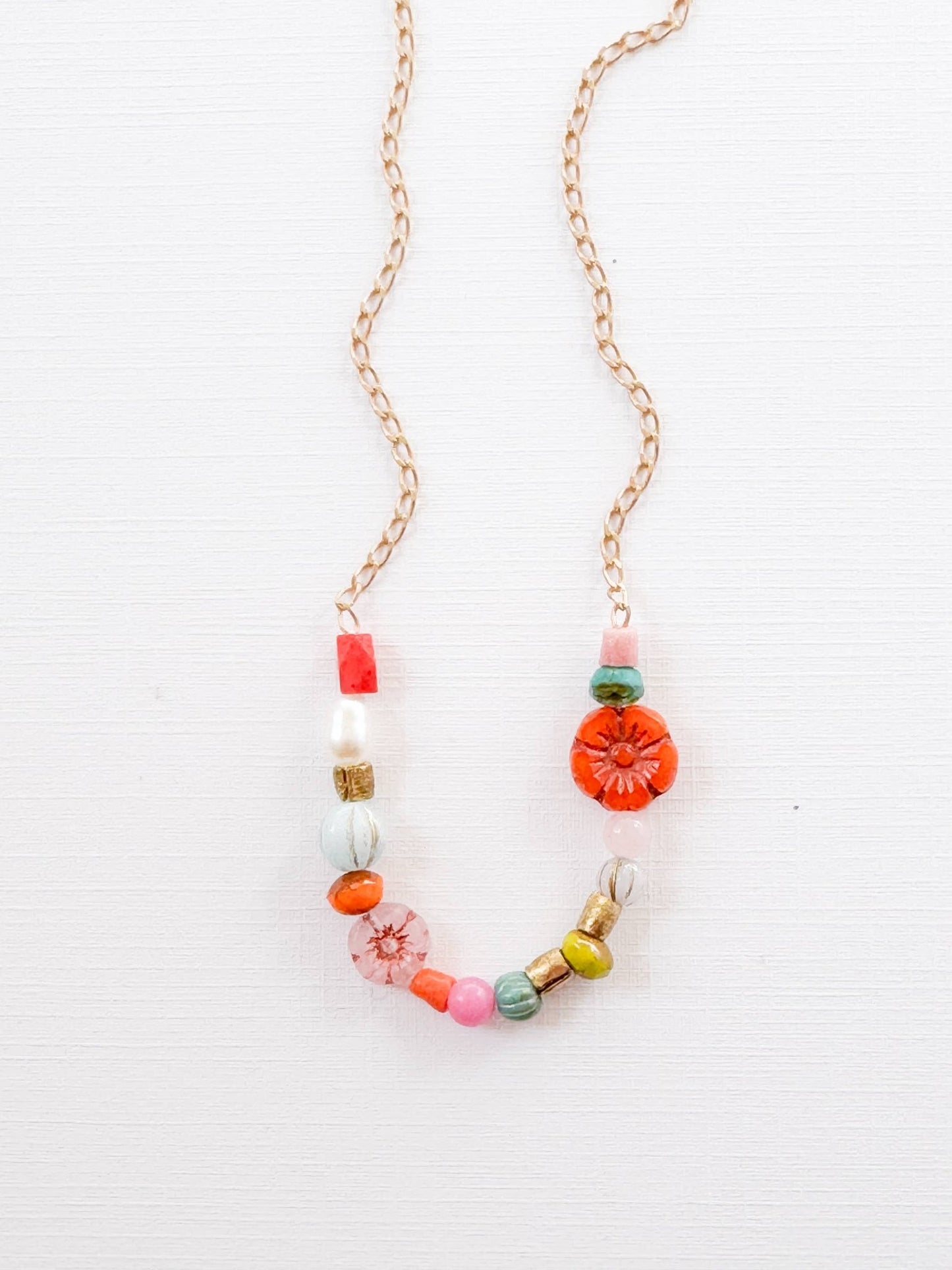 Dainty Pearl Flower and Recycled Bead Necklace - La Vie Est Belle