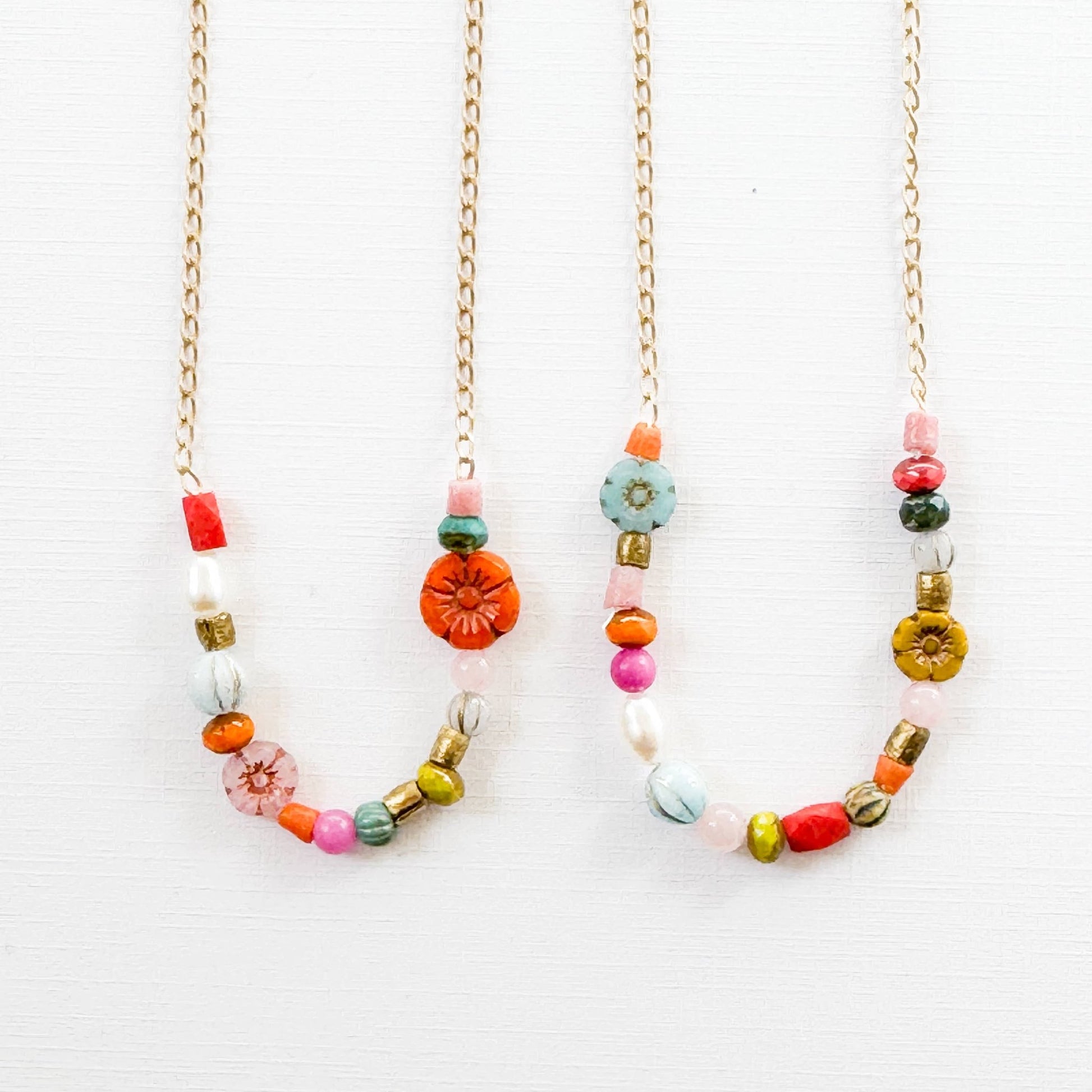 Dainty Pearl Flower and Recycled Bead Necklace - La Vie Est Belle