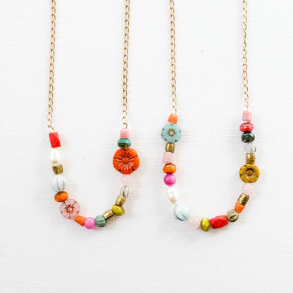Dainty Pearl Flower and Recycled Bead Necklace - La Vie Est Belle