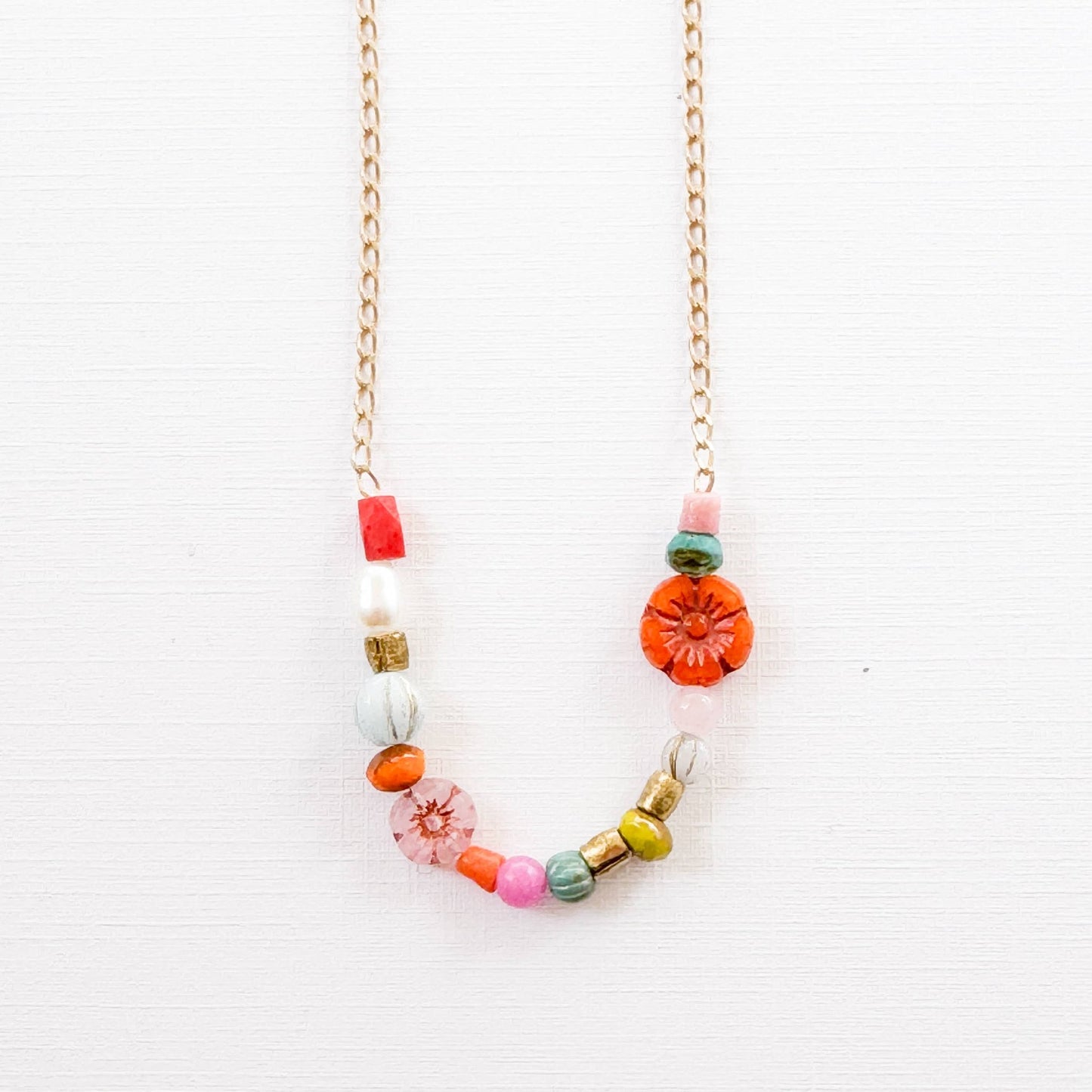 Dainty Pearl Flower and Recycled Bead Necklace - La Vie Est Belle