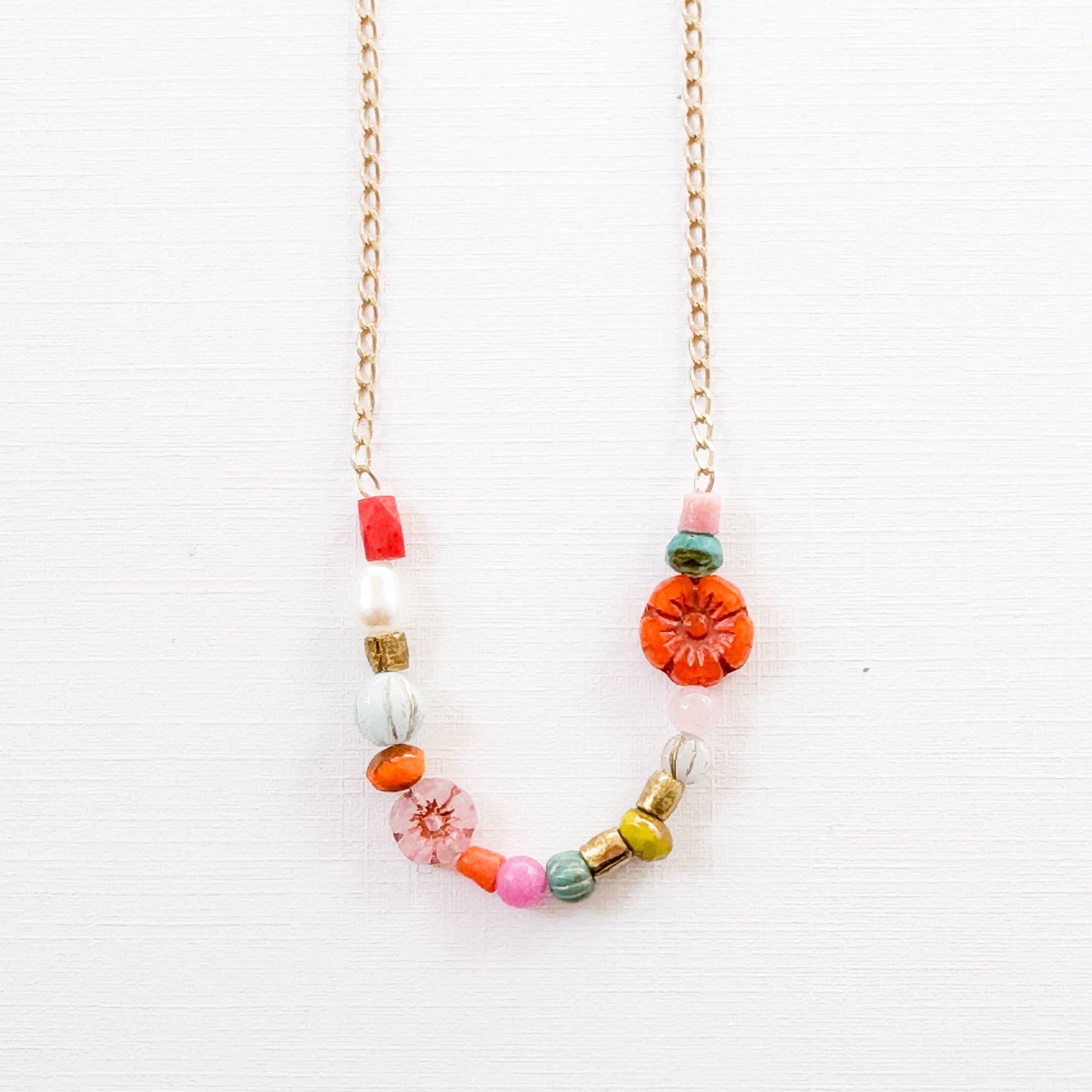 Dainty Pearl Flower and Recycled Bead Necklace - La Vie Est Belle