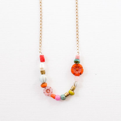 Dainty Pearl Flower and Recycled Bead Necklace - La Vie Est Belle