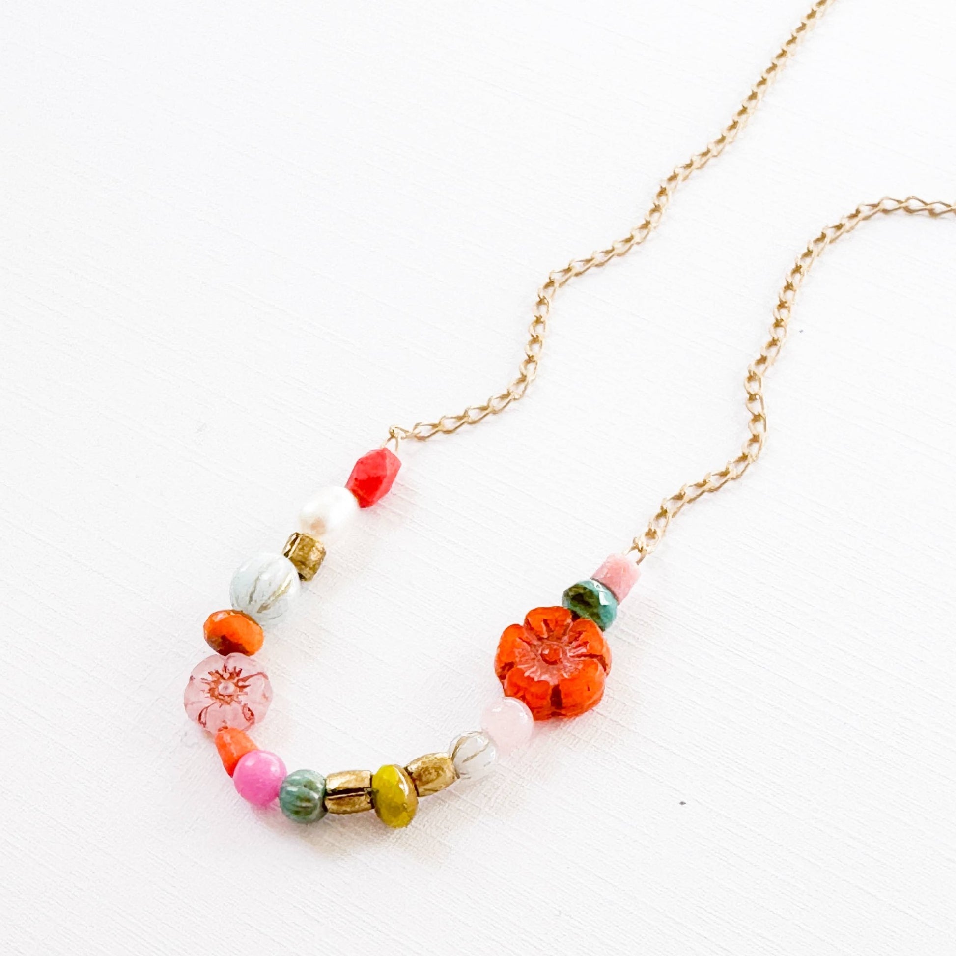 Dainty Pearl Flower and Recycled Bead Necklace - La Vie Est Belle