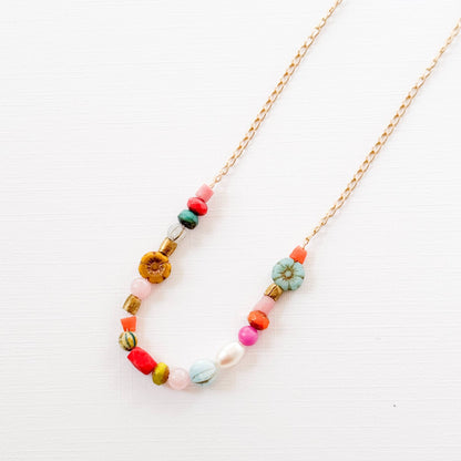 Dainty Pearl Flower and Recycled Bead Necklace - La Vie Est Belle