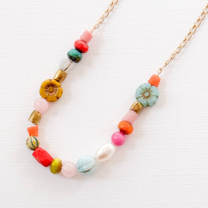 Dainty Pearl Flower and Recycled Bead Necklace - La Vie Est Belle