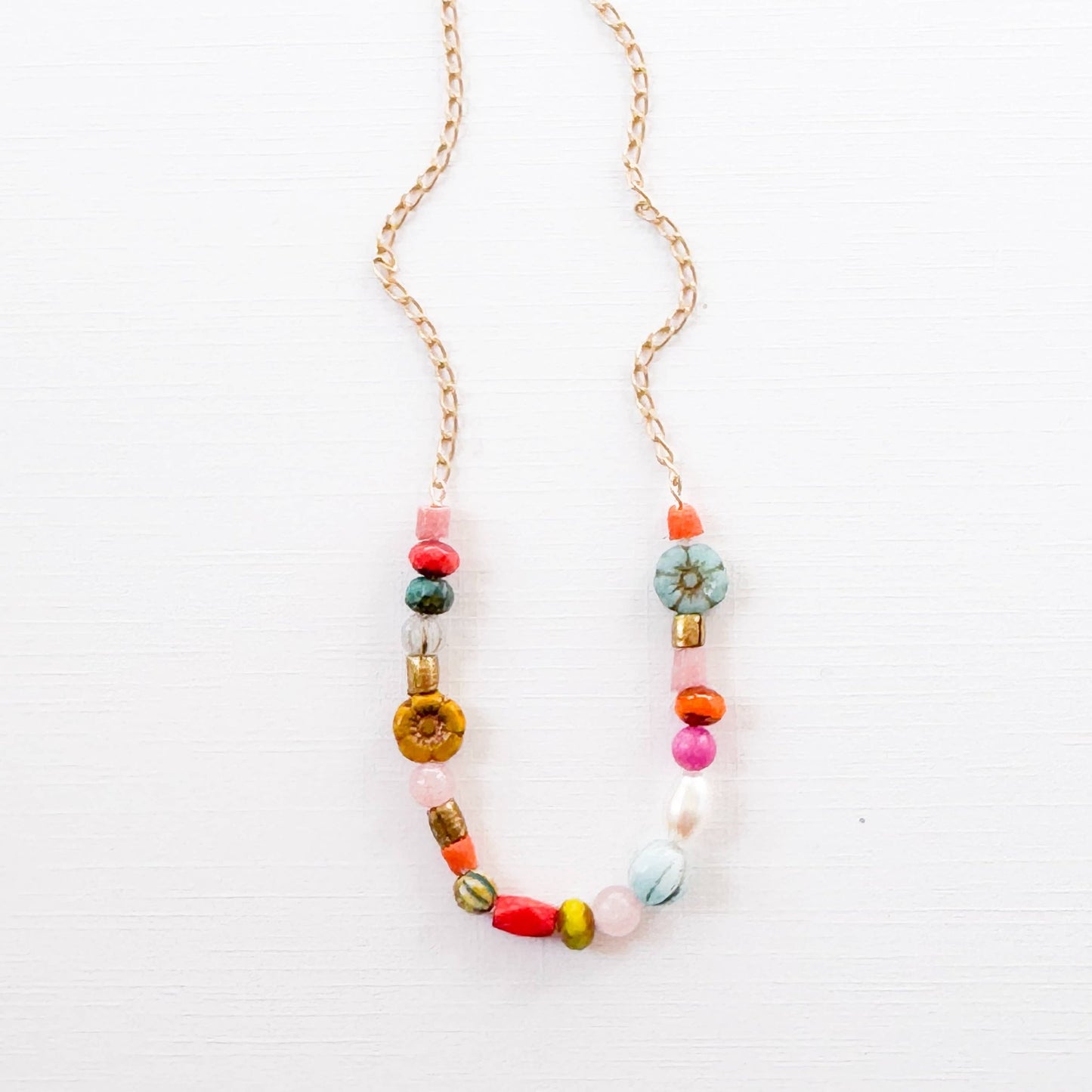 Dainty Pearl Flower and Recycled Bead Necklace - La Vie Est Belle