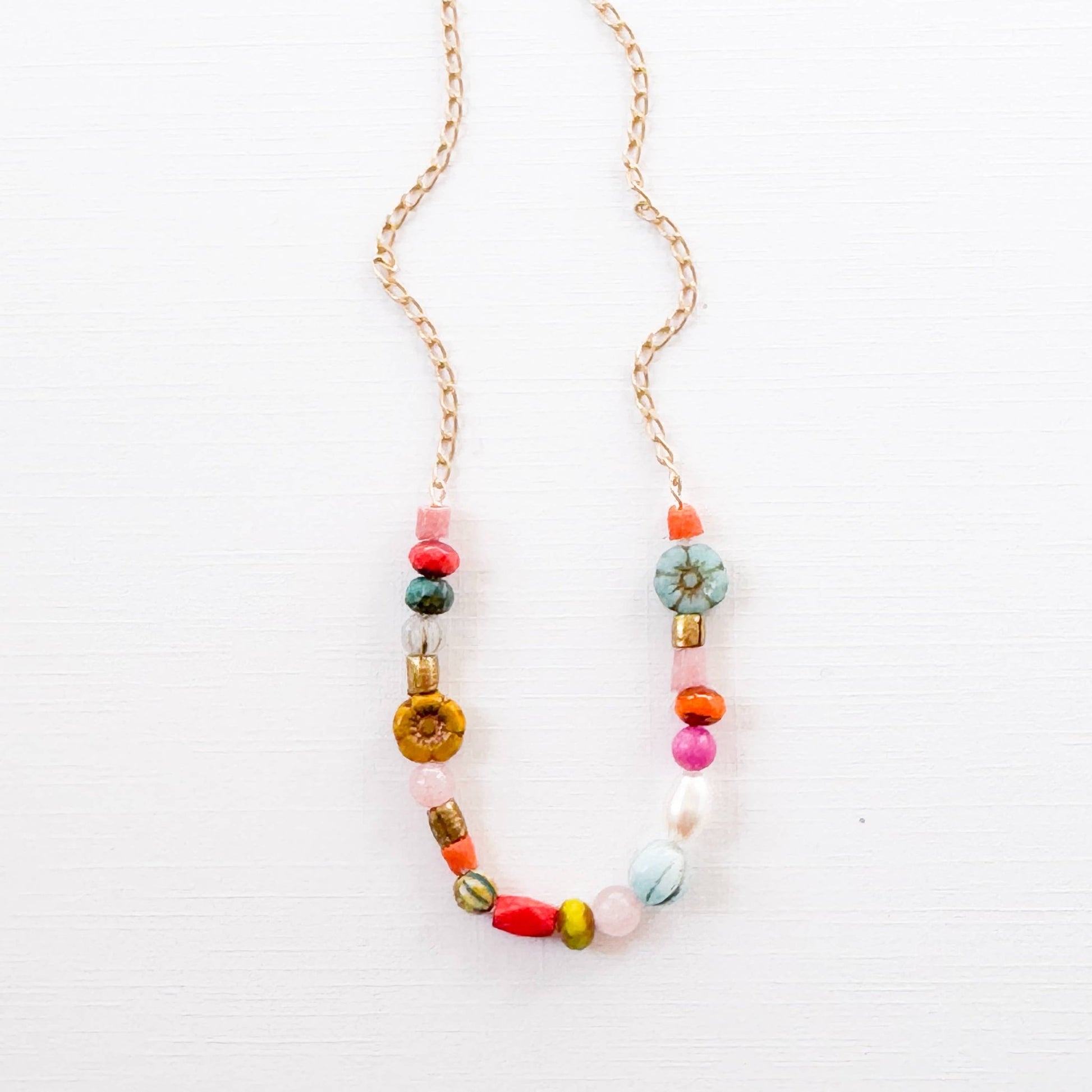 Dainty Pearl Flower and Recycled Bead Necklace - La Vie Est Belle