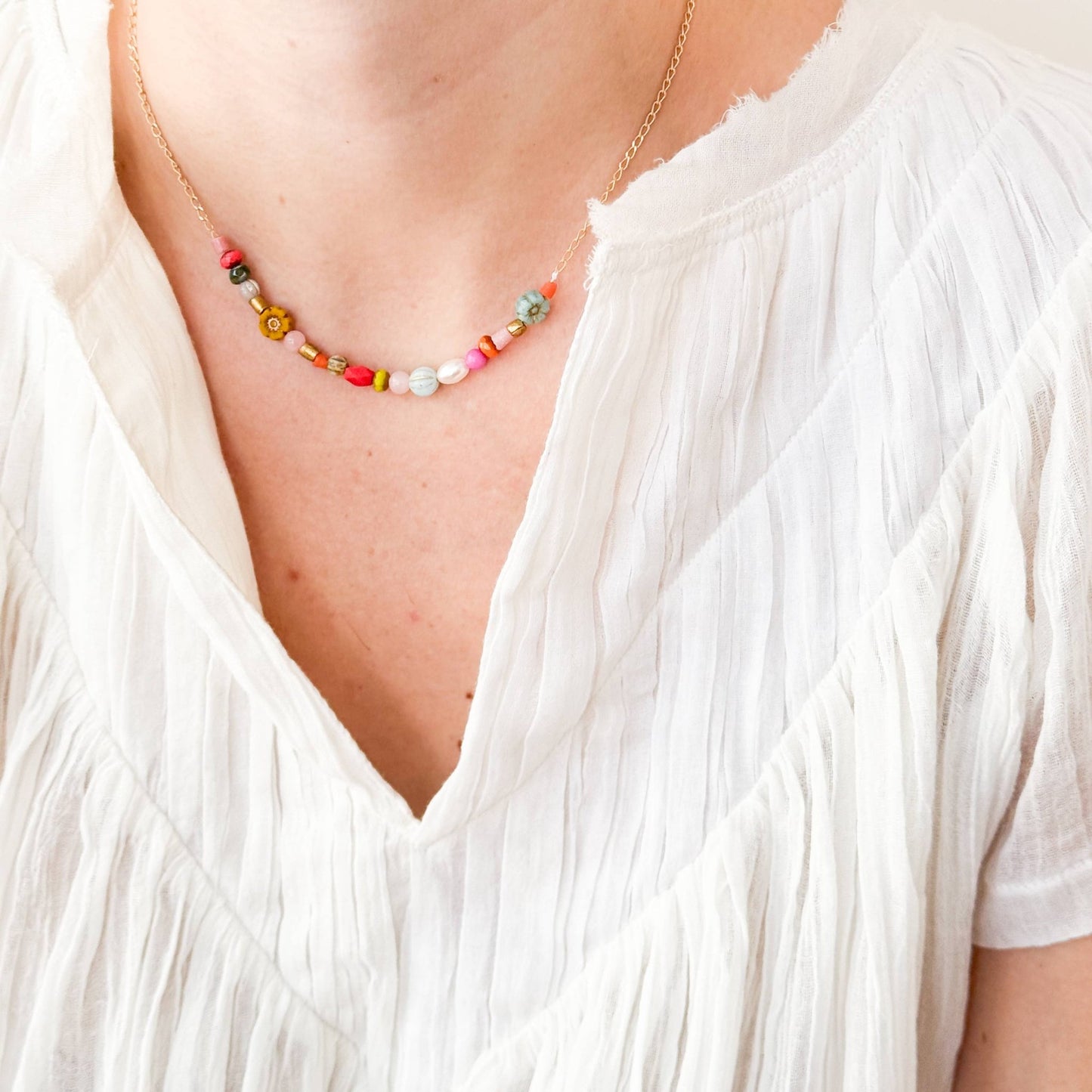 Dainty Pearl Flower and Recycled Bead Necklace - La Vie Est Belle