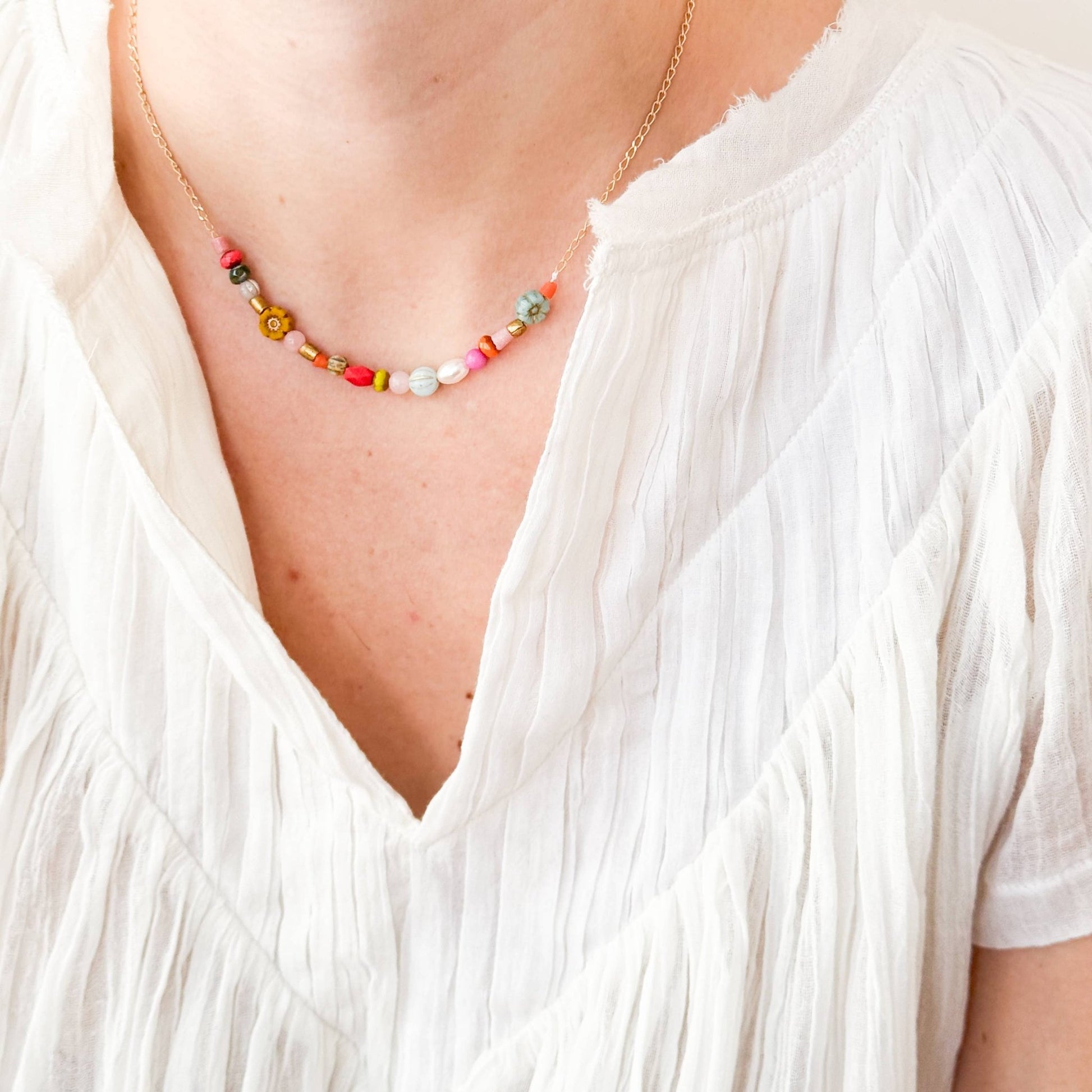 Dainty Pearl Flower and Recycled Bead Necklace - La Vie Est Belle