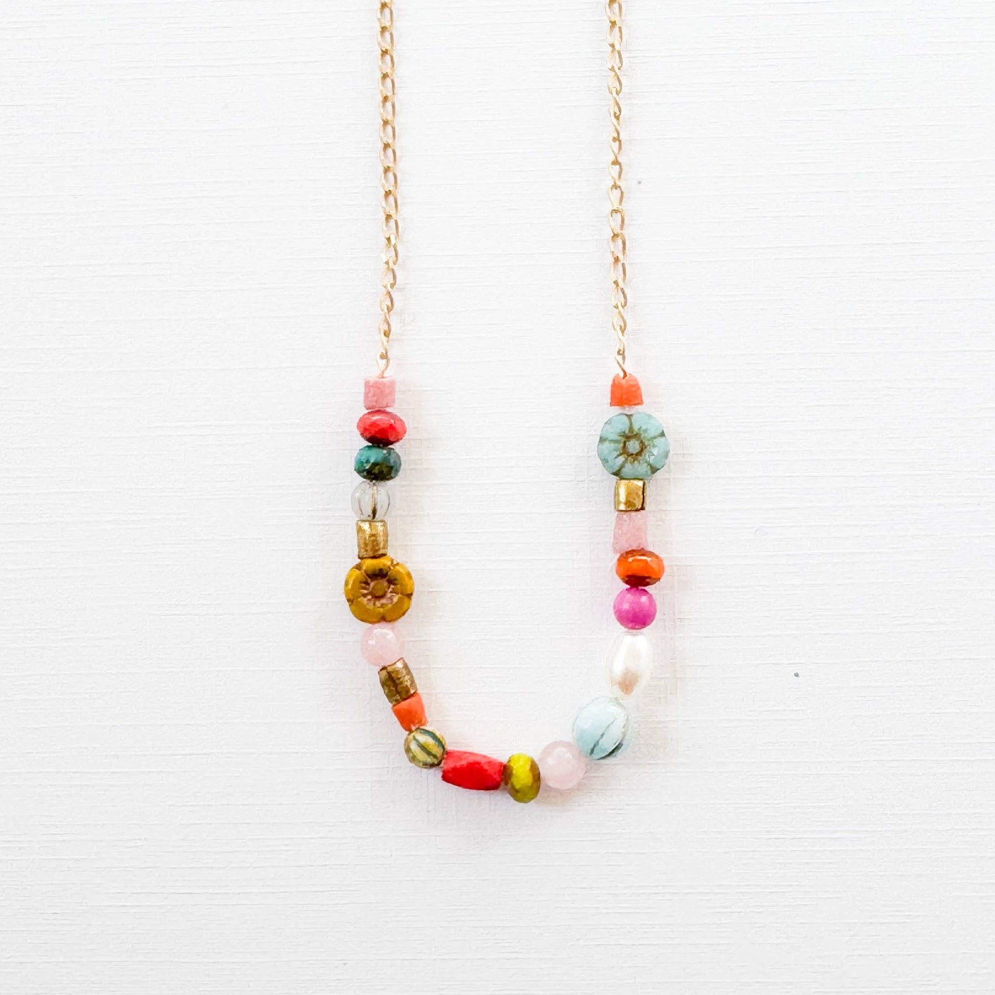 Dainty Pearl Flower and Recycled Bead Necklace - La Vie Est Belle