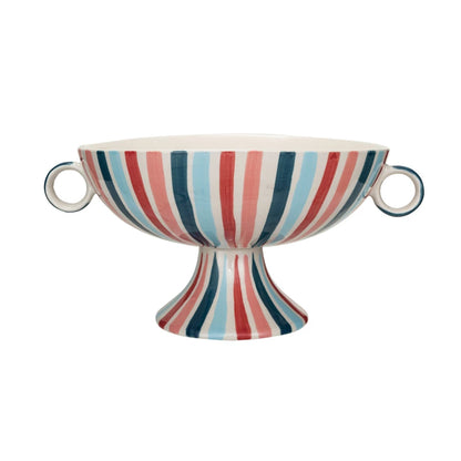 Hand-Painted Stoneware Footed Bowl w/ Handles & Stripes