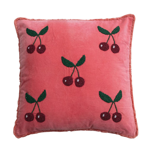 20" Square Cotton Velvet Pillow with Hand-Beaded Cherries & Tufted Fringe, Pink, Red & Green
