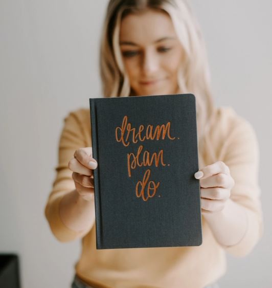 Dream Plan Do Navy and Rose Gold Fabric Journal - La Vie Est Belle