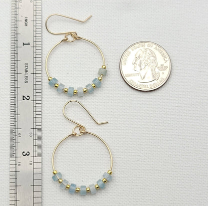 Gold Hoop Earrings with Aquamarine Gemstones