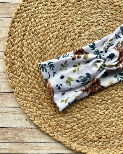 Highland Cow White Floral Knit Twist Headband