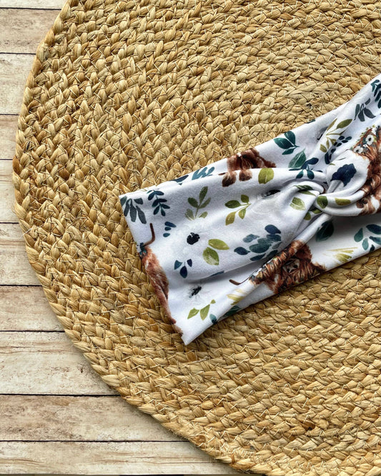 Highland Cow White Floral Knit Twist Headband