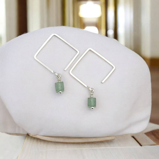 Geometric Square Sterling Silver & Green Aventurine Earrings