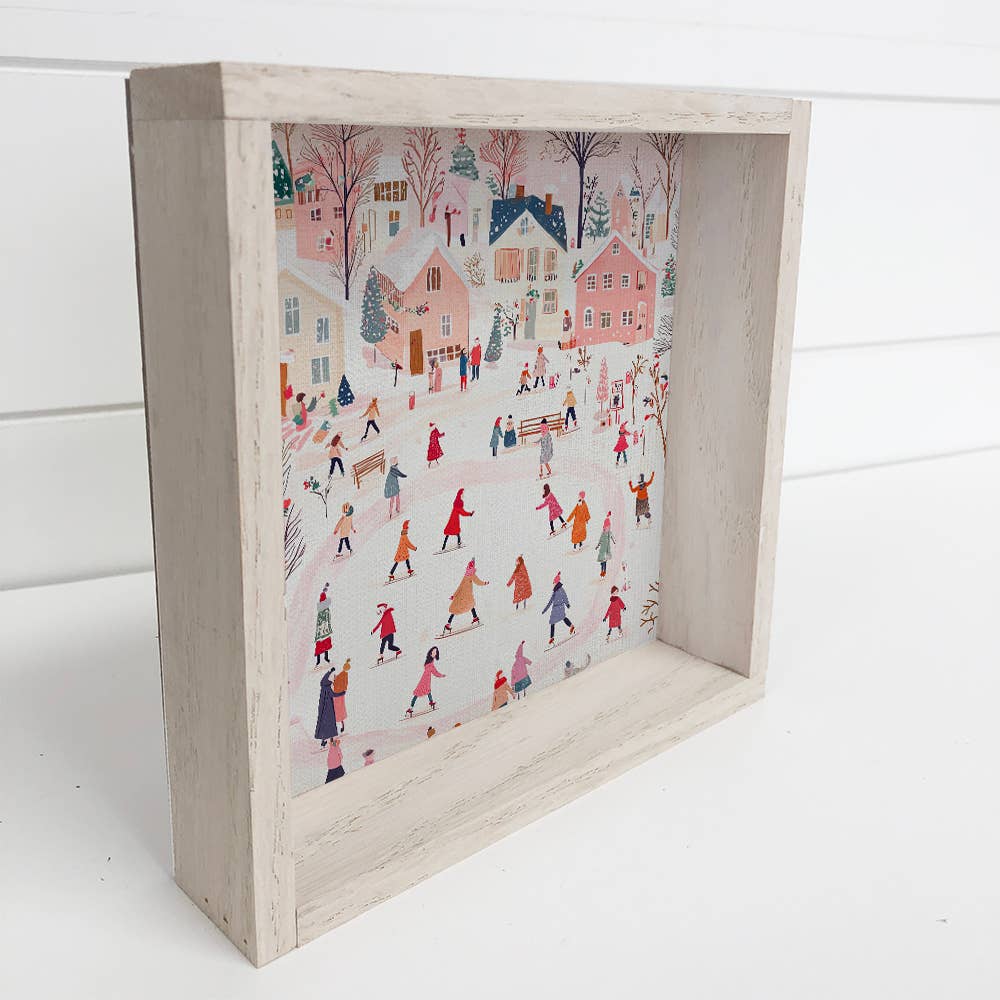 Ice Skating Winter Town  - Cute Winter Canvas Art - Framed