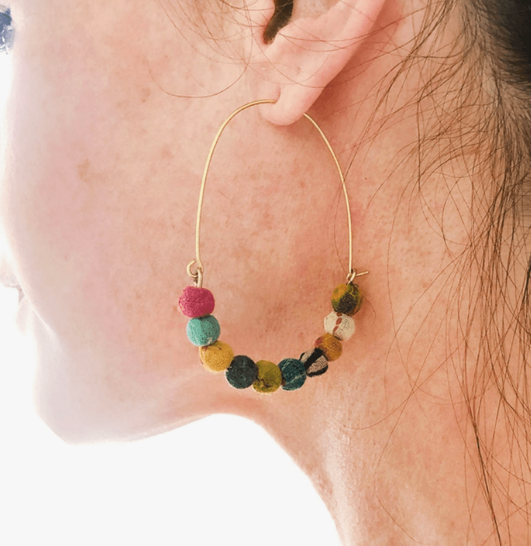 Elongated Kantha Wire Hoops - La Vie Est Belle