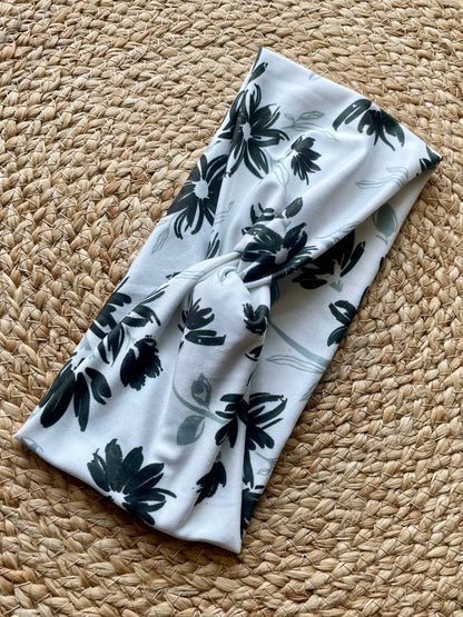 Eloquent Black and White Floral Knit Twist Headband - La Vie Est Belle