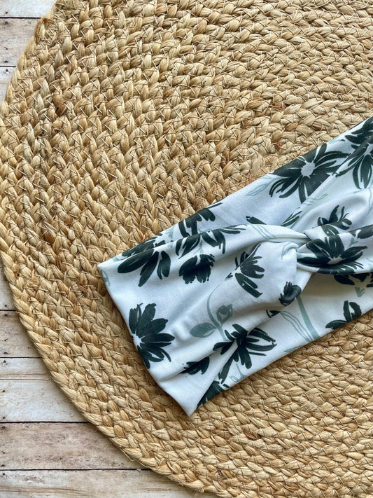 Eloquent Black and White Floral Knit Twist Headband - La Vie Est Belle