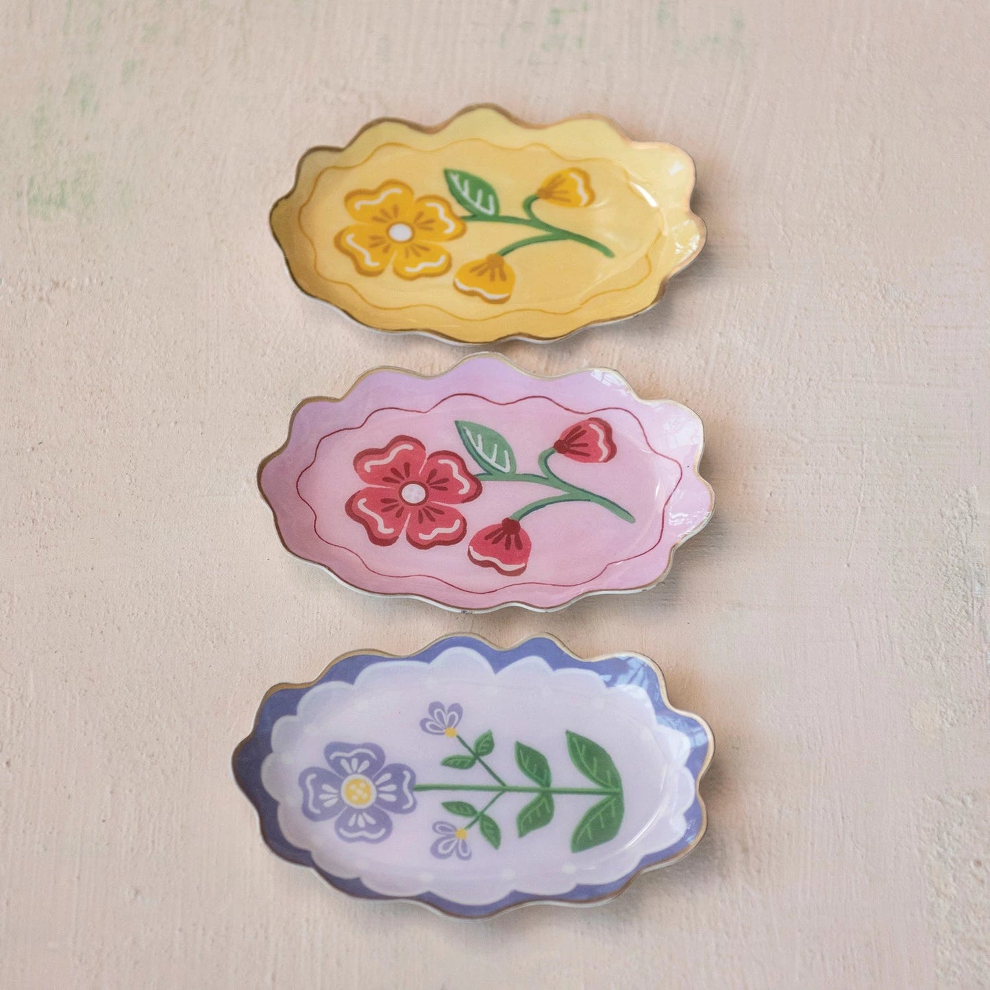 Enameled Metal Scalloped Tray with Flower & Gold Edge, 3 Styles - La Vie Est Belle