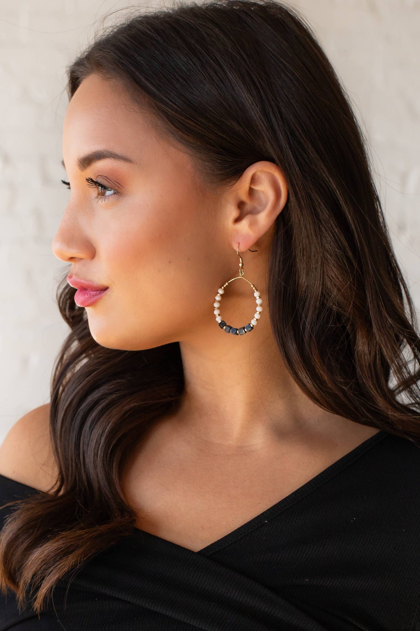 Gold & Ivory Wire Dangle Hoop Earrings