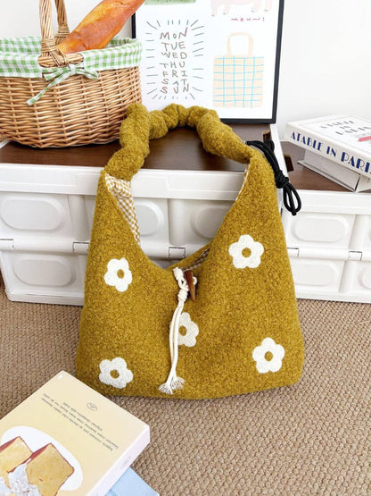 Cosbai - Floral Knit Drawstring Shoulder Bag
