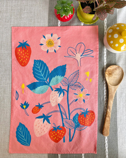 Strawberry Pink Linen Cotton Handmade Tea Towel