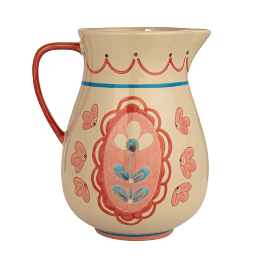<For Store, Pick - Up, or Local Delivery Purchase Only> 3 Quart Hand - Painted Stoneware Pitcher w/ Flowers - La Vie Est Belle