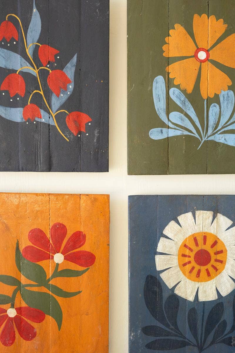 Four Hand Painted Florals On Recycled Wood Panels - La Vie Est Belle