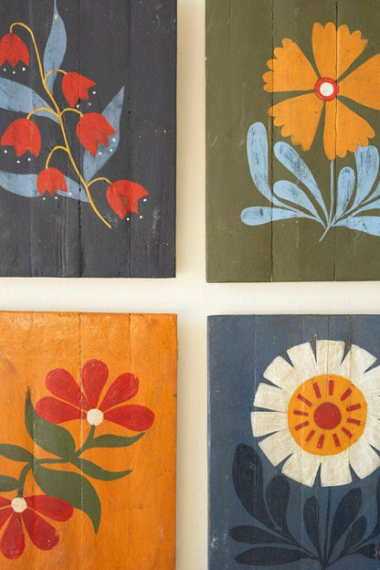 Four Hand Painted Florals On Recycled Wood Panels - La Vie Est Belle