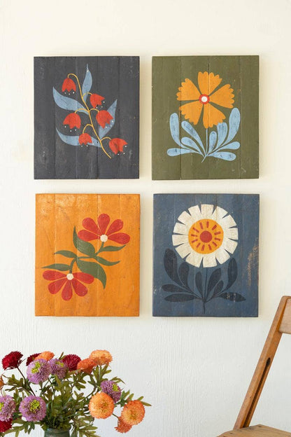Four Hand Painted Florals On Recycled Wood Panels - La Vie Est Belle