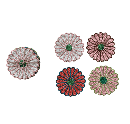 Glass Beaded Flower Shaped Coasters, Set of 4 Tied with Jute - La Vie Est Belle