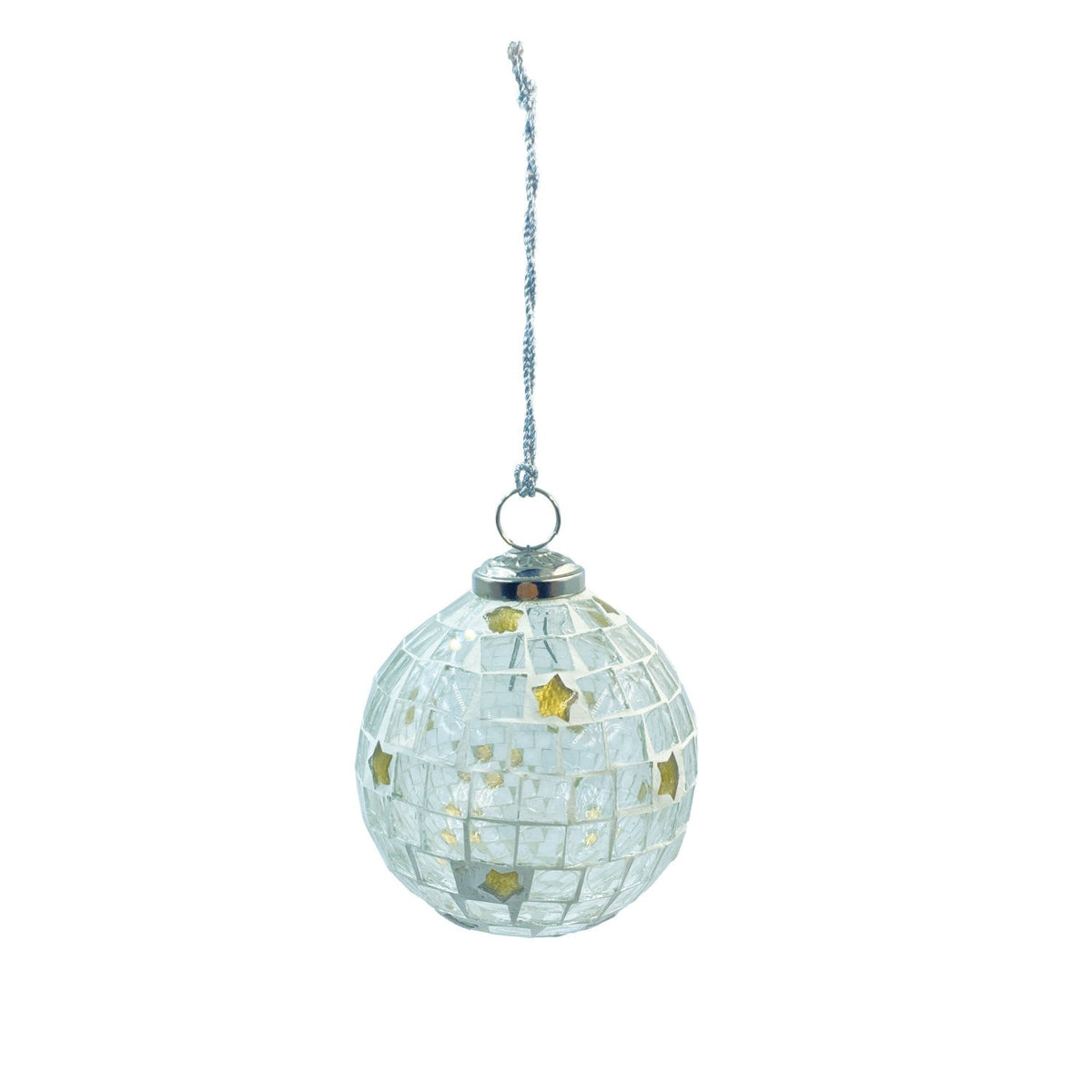 Glass Mosaic Ball Ornament with Stars, Gold Finish & White - La Vie Est Belle
