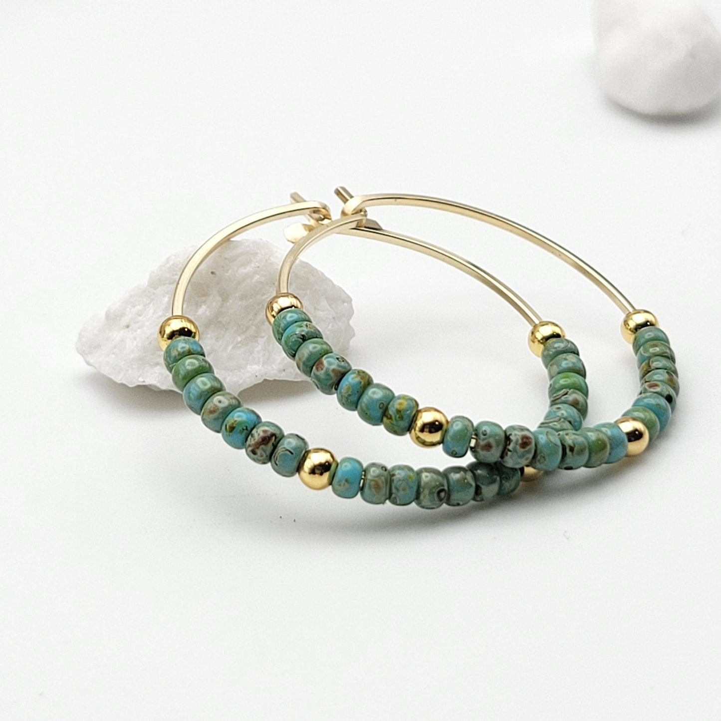 Gold Filled Boho Hoop with Turquoise Beads - Summer Earrings - La Vie Est Belle
