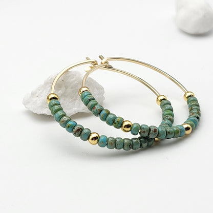 Gold Filled Boho Hoop with Turquoise Beads - Summer Earrings - La Vie Est Belle