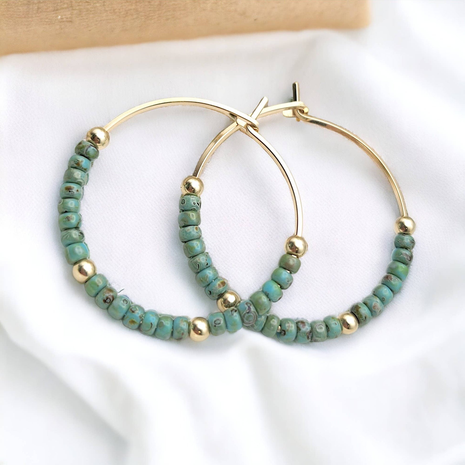 Gold Filled Boho Hoop with Turquoise Beads - Summer Earrings - La Vie Est Belle