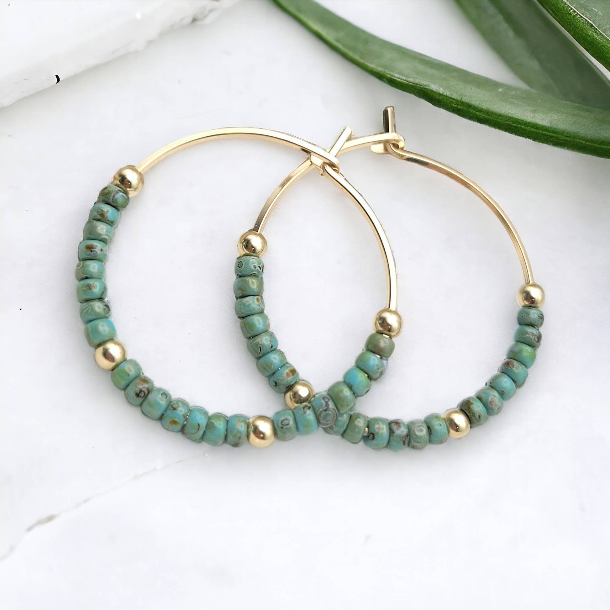 Gold Filled Boho Hoop with Turquoise Beads - Summer Earrings - La Vie Est Belle